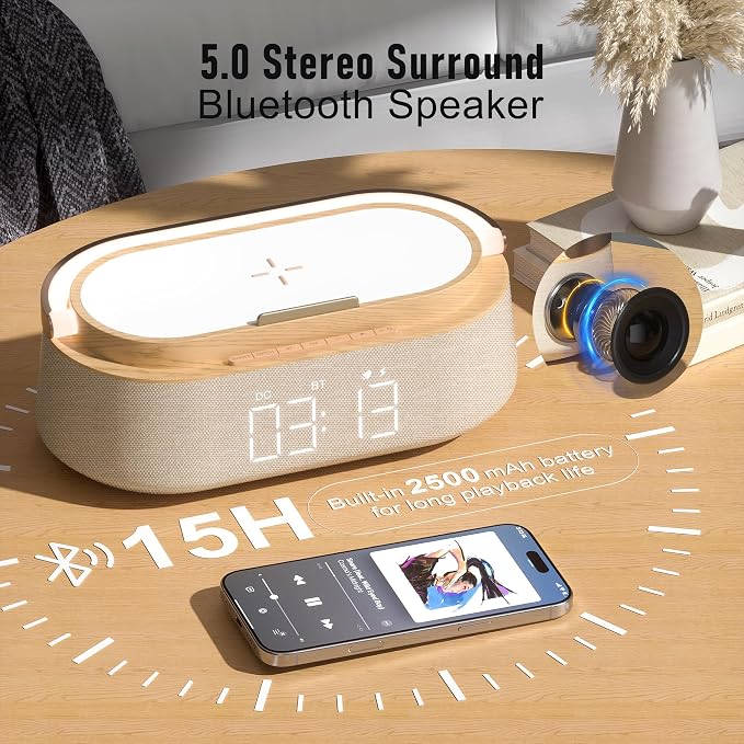 FREEFISH Bluetooth Speaker with Wireless Charge FM Radio 2500mAh Battery, LED Night Light Suitable for Home,Bedroom,Office,Gifts