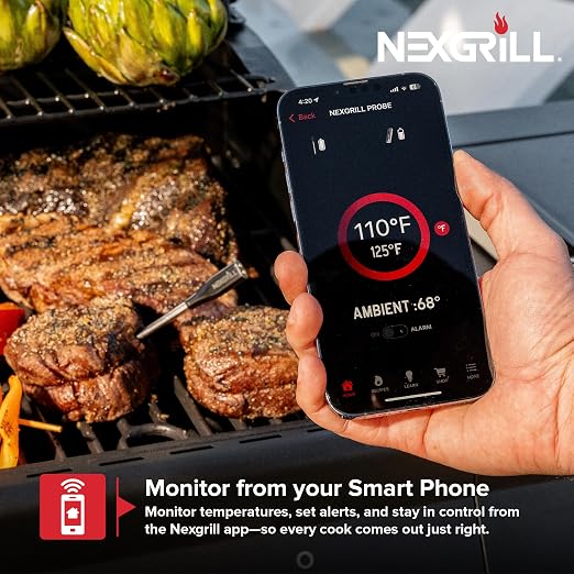 Nexgrill Smart Wireless Meat Thermometer, Bluetooth, Dual Sensor Probe Meat & Ambient, Digital Display Base, iOS/Android App Control, ±0.9°F Accuracy, USB-C Rechargeable for Grill, Smoker, Oven & BBQ