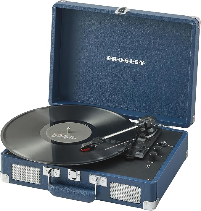 Crosley CR8005F-IB Cruiser Plus Vintage 3-Speed Bluetooth in/Out Suitcase Vinyl Record Player Turntable with Built-in Speakers, Ink Blue