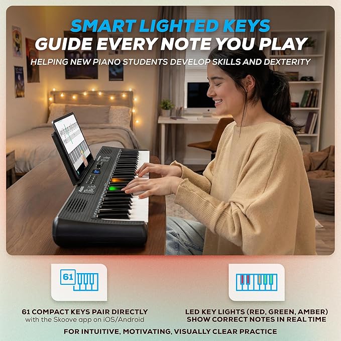 Alesis Teacher's Choice 61 Portable Keyboard Piano for Beginners with 61 Light Up Keys, 300 Sounds, Speakers, Tablet Stand and Skoove Music Lessons
