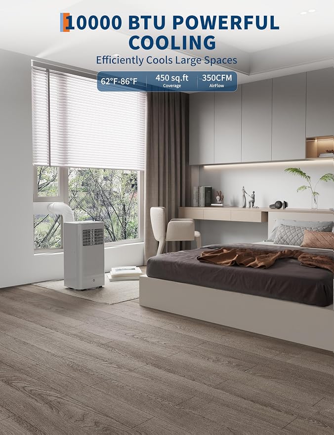 GarveeTech 10000 BTU Portable Air Conditioner, Quiet 3 in-1 Cooling Unit for Rooms Up to 450 Sq.Ft, Includes Dehumidifier & Fan Modes, Remote Control, Sleep Mode – Perfect for Bedrooms & Apartments