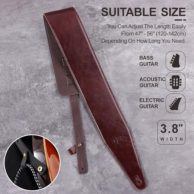 Nefelibata 3.8" Wide Guitar Strap, Full Grain Italian Leather Adjustable Guitar Straps with Foam Padding for Bass, Electric, and Acoustic Guitars
