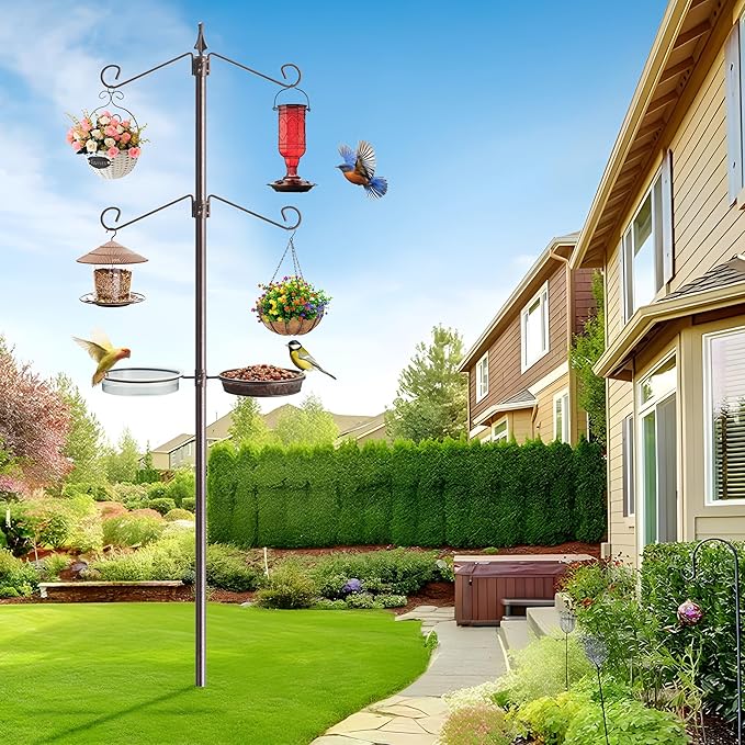 Bird Feeding Station Kit,81 Inch Metal Birds Feeder Stand with 4-Hook,Bird Bath and Mesh Tray,5-Prong Base