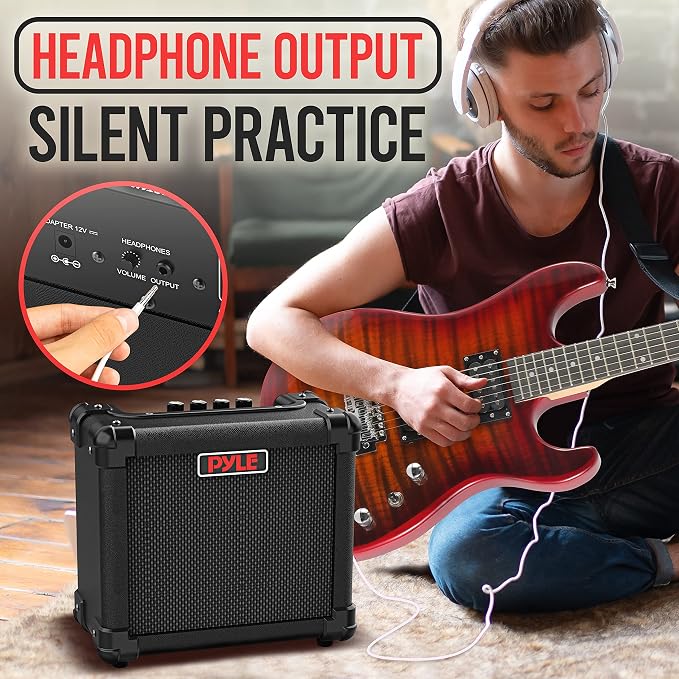 Pyle Mini Electric Guitar Amp - Portable 10 Watt Instrument Amplifier with 5-Inch High Definition Speaker, Volume, Bass, Treble, Distortion, Gain Controls, Headphone Output Jack, for Practice Playing