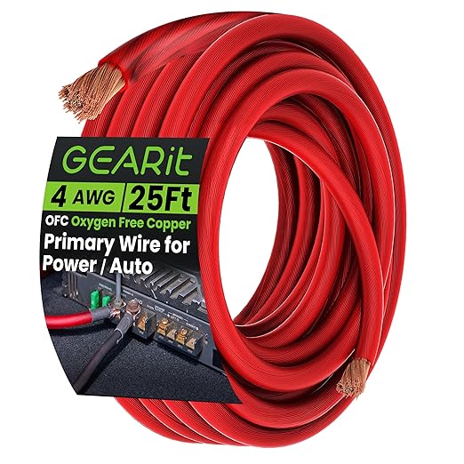 GEARit 4 Gauge OFC Wire 25 ft Red, 4 AWG Battery Cable, Oxygen-Free Copper Power Cable for Car Audio Amp, RV, Marine