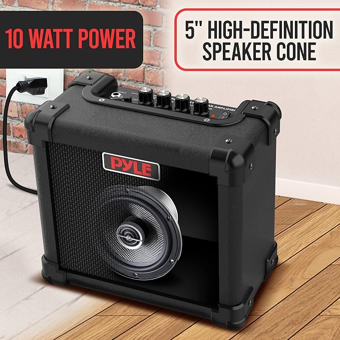 Pyle Mini Electric Guitar Amp - Portable 10 Watt Instrument Amplifier with 5-Inch High Definition Speaker, Volume, Bass, Treble, Distortion, Gain Controls, Headphone Output Jack, for Practice Playing