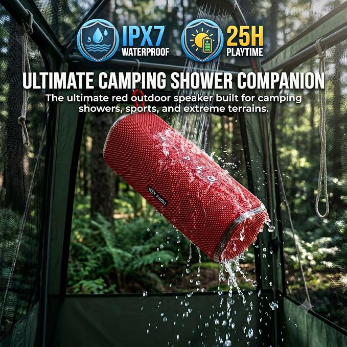 Portable Outdoor Bluetooth Speaker for Camping Showers, IPX7 Waterproof Floating, 25H Playtime, Interacitve Tap-to-Play Drum Beats, RGB Lights for Sports, Hiking, Party, Red