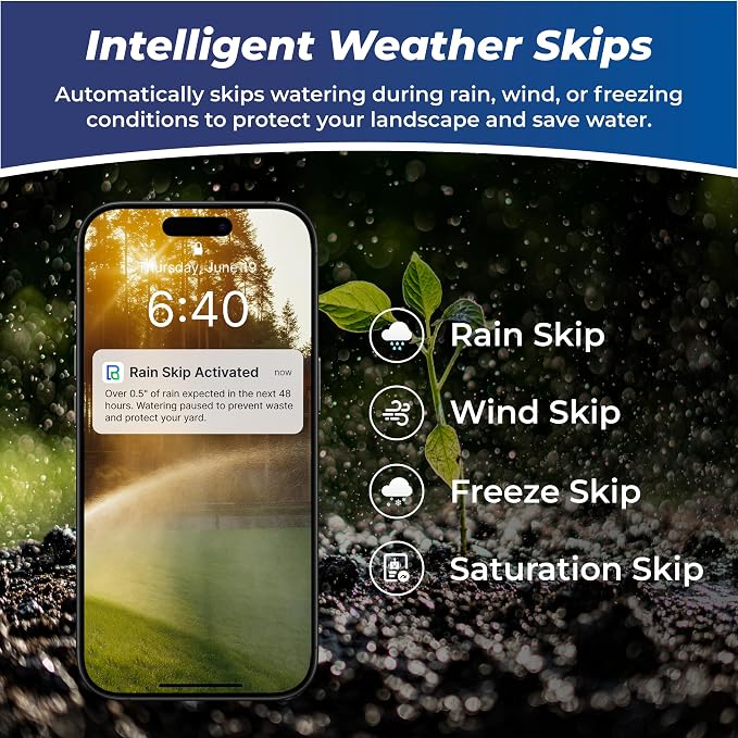 Outdoor Smart Sprinkler Controller 8 Zone, WiFi Automatic Irrigation Timer, Easy-Use App, Flexible Programs, Save Water via Rain, Wind&Freeze Skip, Quick Install, with Alexa