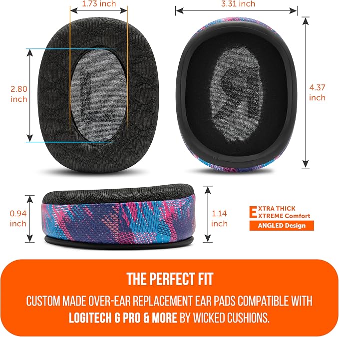 WC Freeze V2 G PRO X – Angled Cooling Gel Earpads Compatible with Logitech G Pro X Series by Wicked Cushions | Angled Pads for Extreme Comfort, New Freeze V2 Cooling Fabric, Extra Thick | Speed Racer