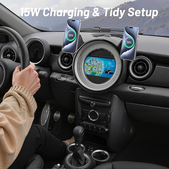 Phone Mount for BMW Mini Cooper (2007-2013 R56, 08-14 R55, 09-15 R57, 12-15 R58/R59), Magnetic iPhone Holder, Magsafe Car Mount Charger, 2PC 15W Wireless Car Charger, Hands Free & 360°,Car Accessories