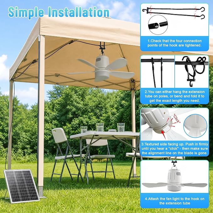 Solar Ceiling Fan 20'', 20000mAh Battery Portable Ceiling Fan with 30W Solar Powered, Remote & Hanging Hook, 3000k-6000k Dimmable Solar Fans for Outside, Tent, Gazebo, Canopy, RV, Chicken Coop
