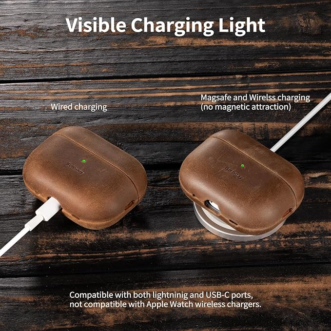 Belemay for AirPods Pro (2nd Generation) Case – Premium Crazy Horse Leather - Rich Patina- Secure Grip - Compatible with MagSafe and Wireless Charging - Compatible with Airpods Pro 2 Case - Brown