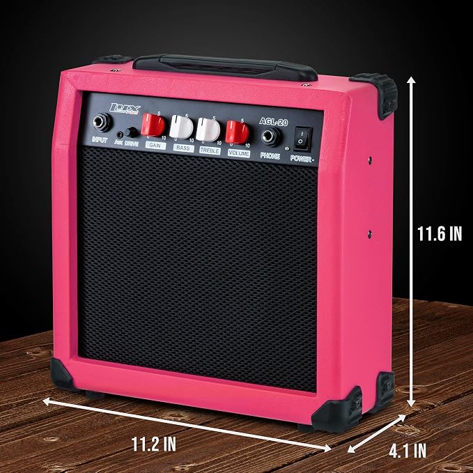 LyxPro Electric Guitar Amp 20 Watt Amplifier Built in Speaker Headphone Jack and Aux Input Includes Gain Bass Treble Volume and Grind - Pink