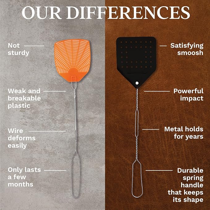 Leather Fly Swatter Set (2 Pack) – 17” Amish-Made Fly Swat w/Real Leather Paddle – Fly Swatters Multi Pack w/Metal Handle – Bug Swatter, Mosquito Swatter, Wasp Swatter (Black)