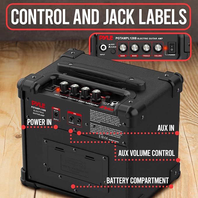 Pyle Portable Electric Guitar Amplifier - Battery or Wall Power 10 Watts Mini Instrument Amp with 5-Inch High Definition Speaker, Volume, Bass, Treble, Distortion, Gain Controls, AUX Input