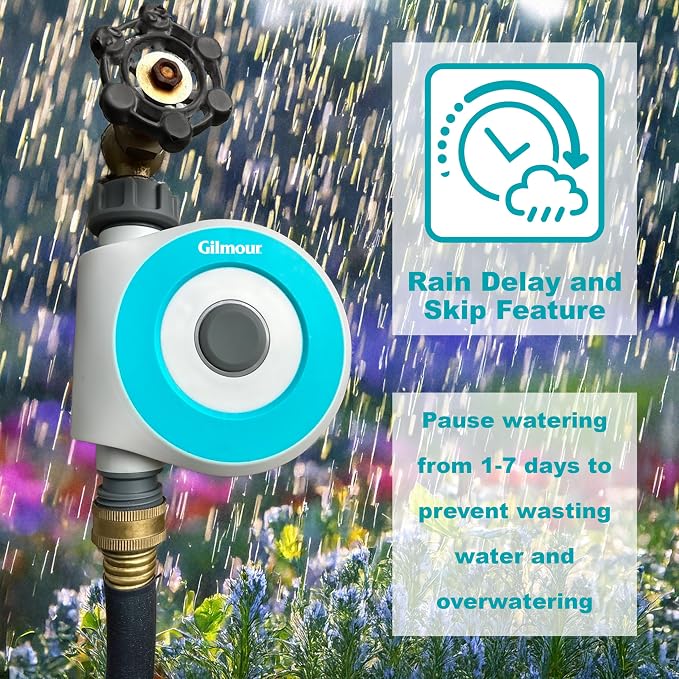 Gilmour Single Outlet Smart Water Timer, WiFi Automatic Watering System, Rain Delay, Battery Operated
