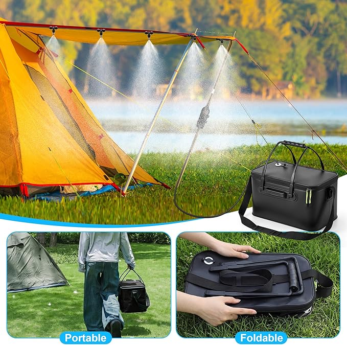 6 Gallon Portable Misting System, 30 FT Cooling Misters with Water Mister Pump Foldable Bucket 8 Mist Nozzles for Outdoor Patios, Golf Carts, Greenhouse, Canopy, Camping, Hiking (Black)