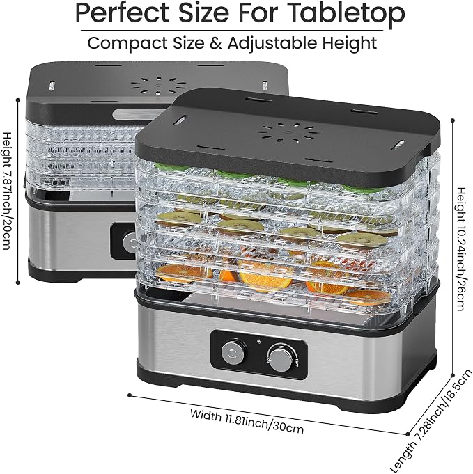 Compact Food Dehydrator Machine for Jerky & Fruit, 250W Small Food Dryer, 5 Stackable BPA-Free Trays with Temperature Control for Beef and Deer Jerky, Mushroom, Herbs & Pet Treats, 72H Max