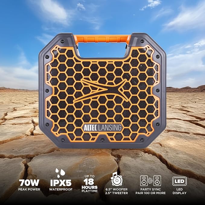 Altec Lansing TOUGHBOXX Bluetooth Speaker, 70W Peak Power, IPX5 Waterproof, 18Hr Playtime, Party Sync 100+ Units, FM Radio, USB-C & Mic In, Ultimate Portable Outdoor Bluetooth Speaker