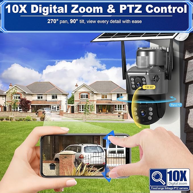 Solar Security Camera Outdoor Wireless WiFi-6MP HD, Color Night Vision,10X Zoom,AI Motion Detection,Two-Way Audio,Waterproof IP66,64GB SD/Cloud Storage,7.5W Solar Panel(4pack)