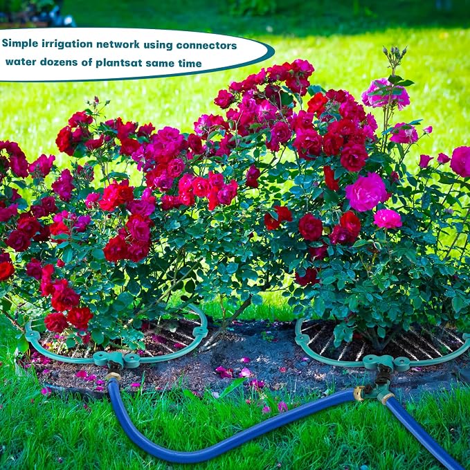 4 Pcs 360° Tree Water System Tree Root Watering Ring 20 Inch Circle Sprinkler Irrigation Slow Release Targeted Water with Y Hose Splitter for New Tree Outdoor Plants Raised Garden Beds (Green, Large)