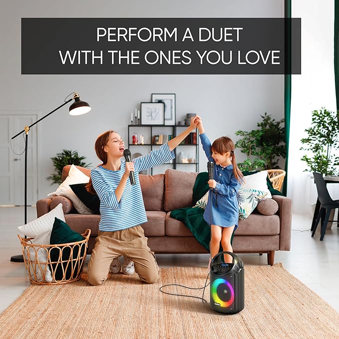 MASINGO Karaoke Machine for Kids and Adults with 1 Wireless Karaoke Microphone and 1 Wired Mic, PA Portable Speaker with LED Lights, Supports TF Card/USB, AUX/MIC in, TWS for Home Party, Burletta C10