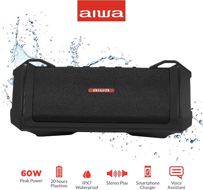 AIWA Exos-3 Waterproof Bluetooth Speaker, 60W Peak Power, 20-Hour Playtime, Stereo Sound, USB-C Charging, IPX7 Waterproof, Wireless Pairing, Perfect for Outdoor Adventures