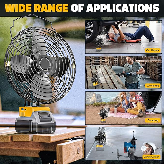 Ecarke 8 Inch Cordless Jobsite Fan Compatible with Dewalt Battery (Tool Only) 2-Speed Powerful Cooling Fans Portable Battery Fans with USB & Type-C Charging Port for Garage Basement Camping Fan
