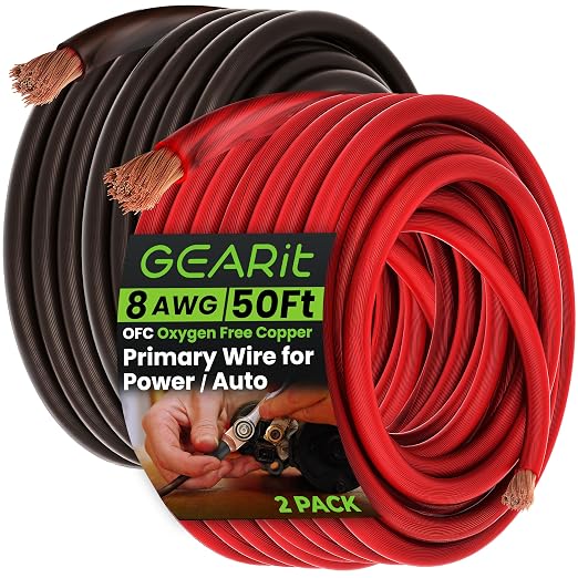 GEARit 8 Gauge OFC Wire 50 ft Black/Red Set, 8 AWG OFC Battery Cable, Oxygen-Free Copper Power Ground Wire for Car Audio Amp, RV, Marine