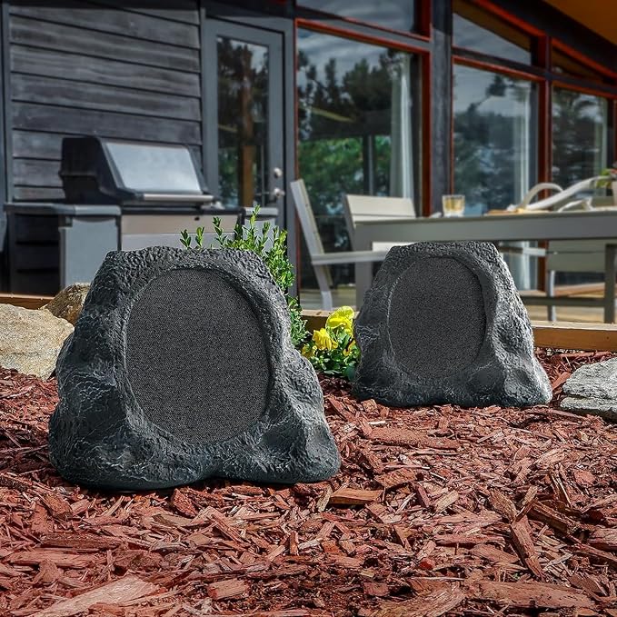 Victrola Rock Speaker Connect, Granite, Wireless Outdoor Speaker with Bluetooth 5.3, 22-Hour Battery Life, Portable Speaker with Solar Charging, IP65 Waterproof Speaker – Pair