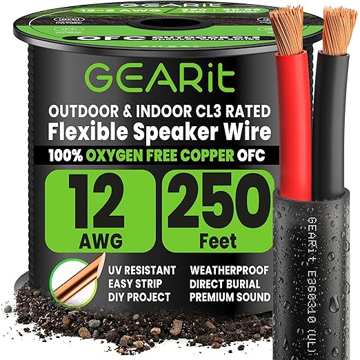 GEARit Speaker Wire 12 Gauge Copper 250 ft,UL CL3 Rated 12 Gauge Wire Copper Wire with Polarity Mark,Audio Cable for in-Wall,Home,Car,Outdoor,Garden,Commercial Audio Systems,OFC(Black,2-Conductors)