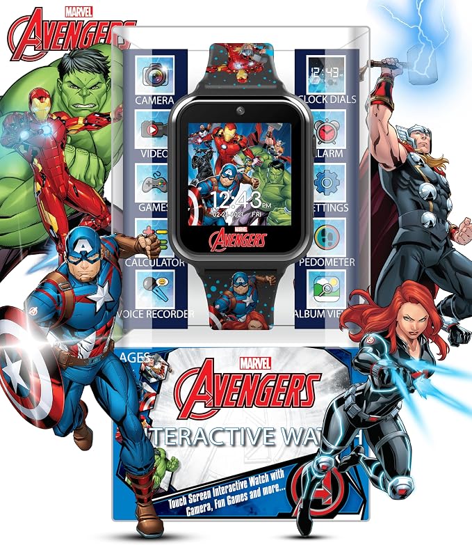 Marvel Avengers Interactive Kids Smartwatch – Touchscreen Watch with Games, Camera, Voice Recorder, Step Tracker, Timer & Alarm – 10 Watch Faces, USB Rechargeable – Fits Wrists 5.5" to 8"