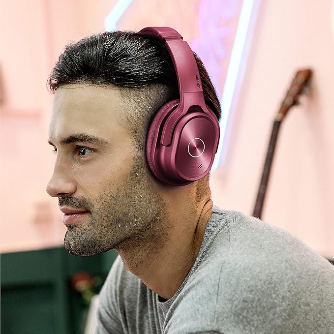ZIHNIC Active Noise Cancelling Headphones, 40H Playtime Wireless Bluetooth Headset with Deep Bass Hi-Fi Stereo Sound,Comfortable Earpads for Travel/Home/Office (Red)