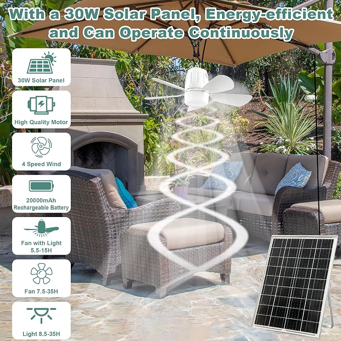 Gliztech Solar Ceiling Fan Light, 20000mAh Portable Gazebo fan with 30W Solar Powered Fan with Remote Control, Outdoor Ceiling Fan with Light for Patios, Canopy, Shed, RV, Porch and Chicken Coop
