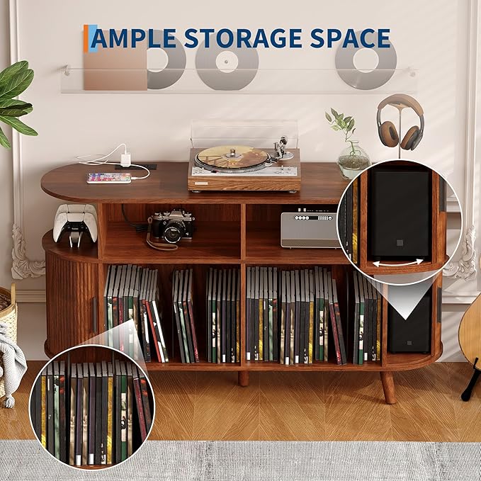 Garvee 55'' Fluted Mid Century Modern Turntable Cabinet with Vinyl Storage, Large Round Record Player Stand with Charging Station and Display Shelf, Arched Wood Record Player Table for Living Room