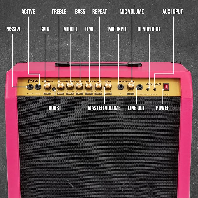 LyxPro 60 Watt Electric Guitar Amplifier | Combo Solid State Studio & Stage Amp with 10” 4-Ohm Speaker, Custom EQ Controls, Drive, Delay, ¼” Passive/Active/Mic Inputs, Aux In & Headphone Jack - Pink