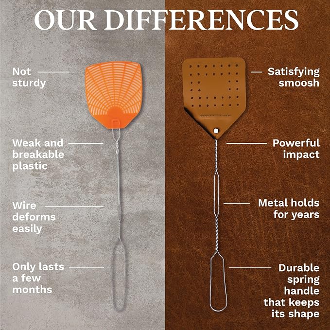 Leather Fly Swatter Set (3 Pack) – 17” Amish-Made Fly Swat w/Real Leather Paddle – Fly Swatters Multi Pack w/Metal Handle – Bug Swatter, Mosquito Swatter, Wasp Swatter (Brown)