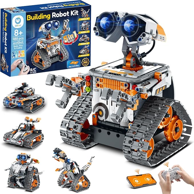 Sillbird Robot Building Kit with Remote Control STEM Gifts for Kids Boys Age 8-12, Coding Robotics Toy for Birthday - Buildable 5in1 Models with 488 Pieces - Orange