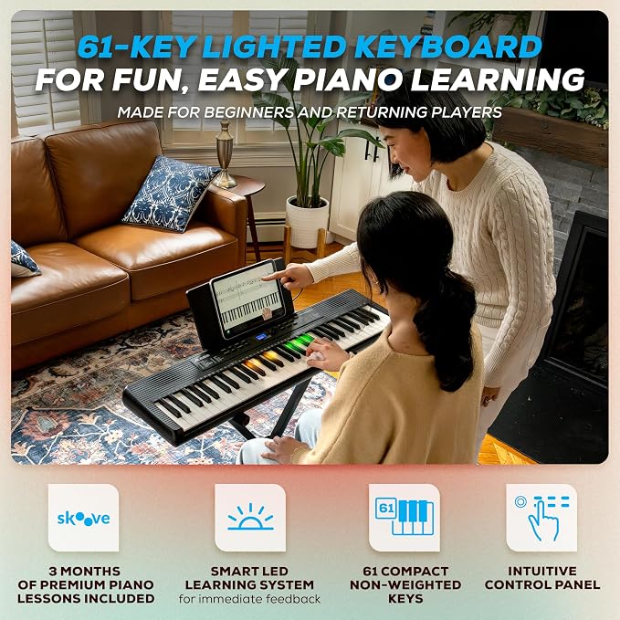 Alesis Teacher's Choice 61 Portable Keyboard Piano for Beginners with 61 Light Up Keys, 300 Sounds, Speakers, Stand, Bench, Headphones and Skoove Music Lessons