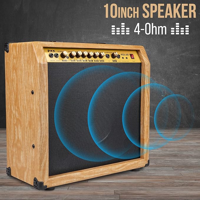 LyxPro 60 Watt Electric Guitar Amplifier | Combo Solid State Studio & Stage Amp with 10” 4-Ohm Speaker, Custom EQ Controls, Drive, Delay, ¼” Passive/Active/Mic Inputs, Aux In & Headphone Jack -Natural