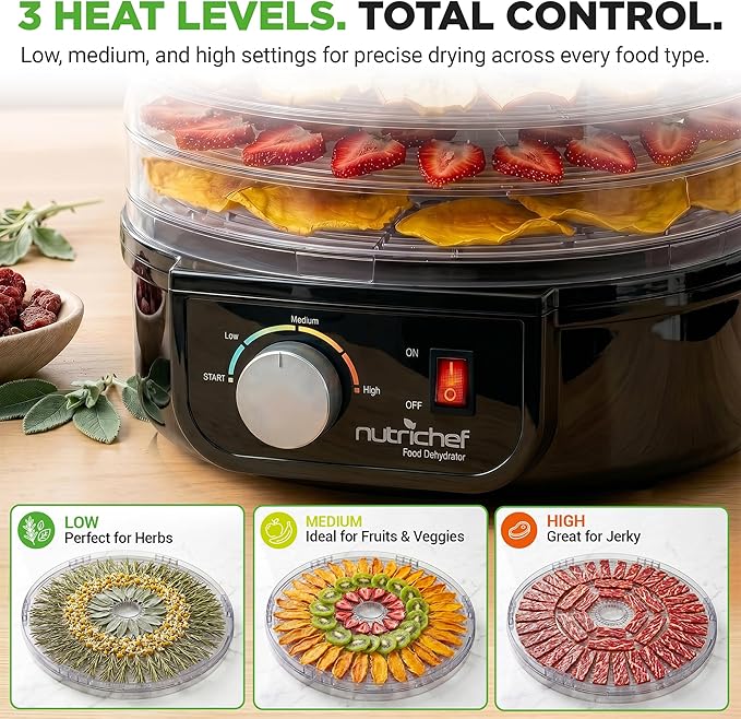 Nutrichef Electric Countertop Food Dehydrator | Professional Multi-Tier Food Preserver | Dehydrate Fish, Beef Jerky, Meats, Mushrooms, Fruits & Vegetables | 5 Stackable Trays for Easy Cleaning