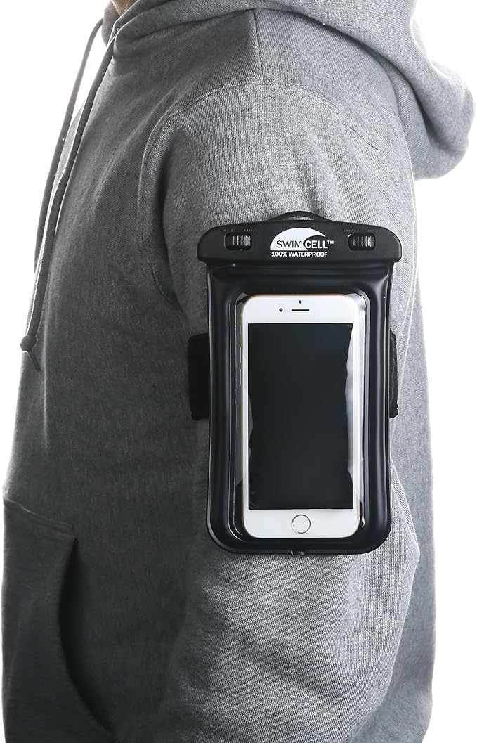 Waterproof Phone Holder Armband Case - For Swimming Running Walking NO Headphone Jack. Fits LARGE Size phones up to 6.7inch/17cm- iPhone, Samsung Galaxy S. Android. Hi-Vis Armband and Neck Lanyard.