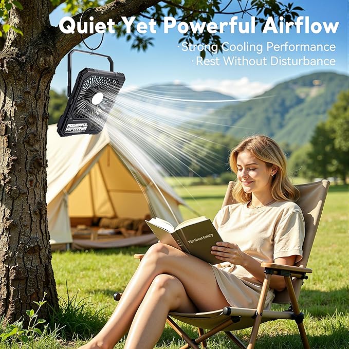 Portable Fan, Camping Fan, 20000mAh 6-Inch 18-85H Rechargeable Ultra Thin Foldable with Built-in Power Bank, LED Light, Remote Control, Hook for Outdoor Camping Tent RV Travel (Green)