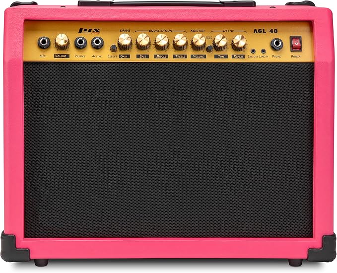 LyxPro 40 Watt Electric Guitar Amplifier | Combo Solid State Studio Amp with 8” 4-Ohm Speaker, Custom EQ Controls, Drive, Delay, ¼” Passive/Active/Microphone Inputs, Aux In & Headphone Jack - Pink