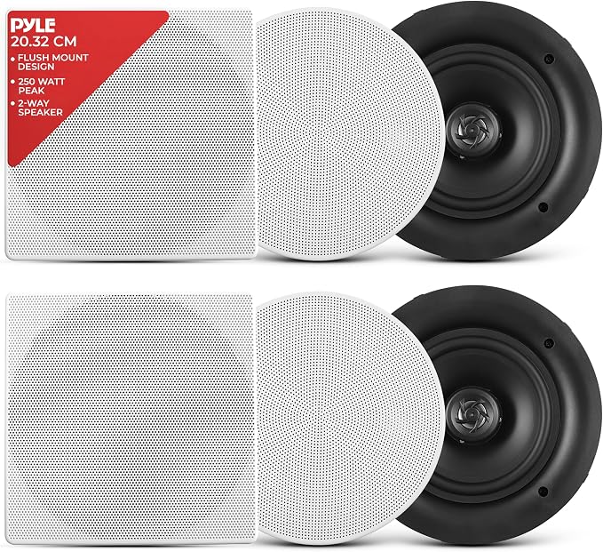 Pyle 8.0" Ceiling Wall Mount Speakers - Pair of 2-Way Full Range Sound Stereo Speaker Audio System Flush Design w/ Electronic Crossover Network 40Hz-20kHz Frequency Response & 250 Watts Peak - PDIC86