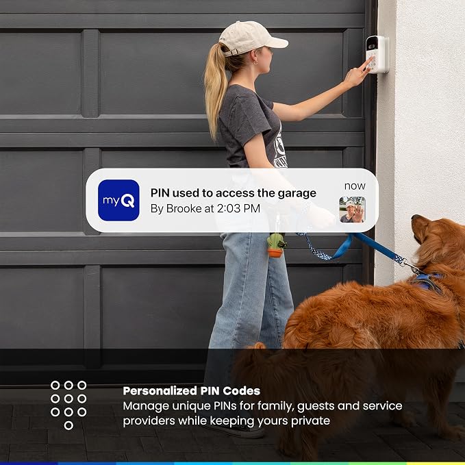 myQ Smart Garage Starter Kit: Garage Door Video Keypad + Rechargeable Battery + Wi-Fi Plug-in 2K Camera, Custom PIN Codes, Wide-Angle Lens, Night Vision, 2-Way Audio, Motion Alerts and App Control