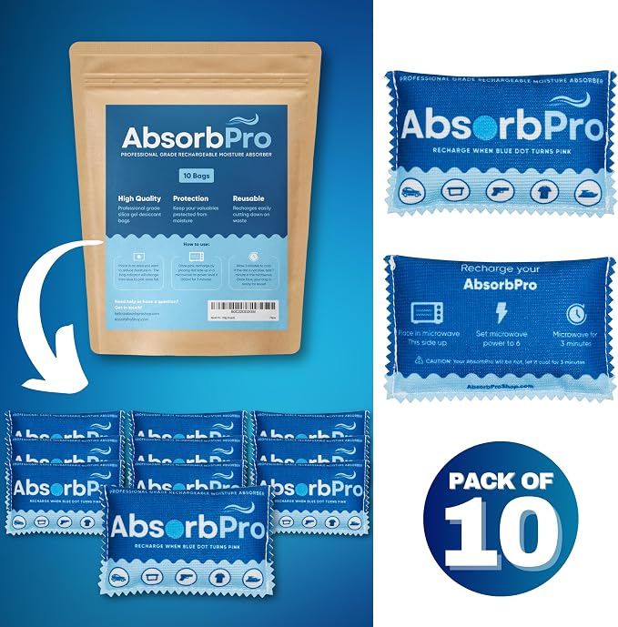 Absorb Pro Rechargeable Dehumidifier Bag 10-Pack - 100g Reusable Moisture Absorbers - Silica Gel Packets for Bins, Totes, Gun Safe, Food Storage, Clothes, Cars, and Boats