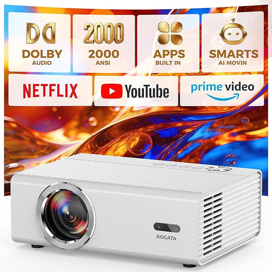 Smart Projector with WiFi and Bluetooth, Proyector-4K Support Official Licensed Apps, 2000 ANSI/AI Auto Focus/50W Dolby/HDR10+/Quiet, Kogata Portable Indoor/Outdoor Movie Projector Ceiling