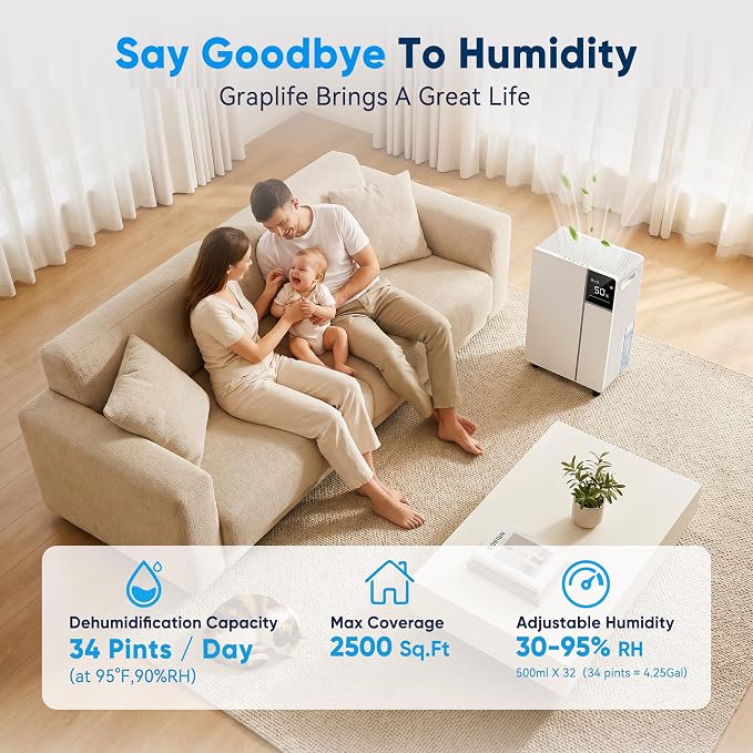 2500 Sq.Ft Dehumidifier for Basement with Drain Hose, Max 34 Pints Dehumidifiers for Home, Bedroom, Bathroom, Basement, Smart Humidity Presets, Three Modes, 24HR Timer, Quiet Operation
