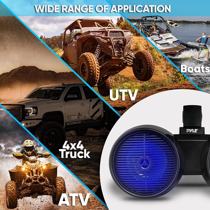 Pyle Dual Waterproof Off-Road Speakers - 8" 300W 2-Way Marine Wakeboard Tower Sound System w/LED Light, Full Range Outdoor Stereo Speaker for Car, ATV, UTV, Jeep, Boat, Includes Brackets (Black)